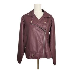 Vine & Valley Pleather Jacket Moto Motorcycle Faux Leather Vegan Burgundy XL